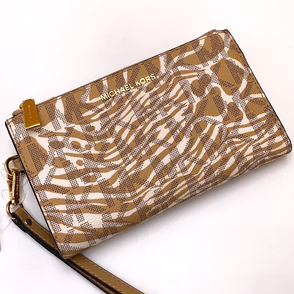 MICHAEL KORS LARGE DOUBLE ZIP WRISTLET WALLET CAMEL MULTI COLOR - Picture 4 of 13